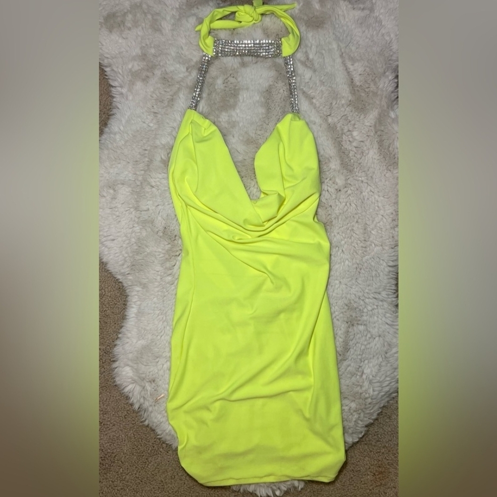 Vibrant Yellow Halter Dress with Rhinestone Straps